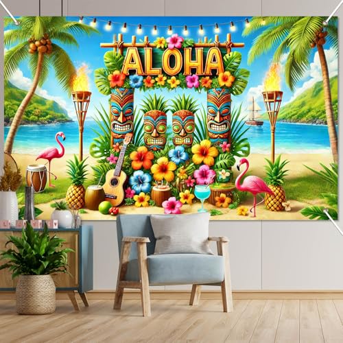Image of BlissYard Aloha Banner 71 x 43 Inch Hawaiian Luau Backdrop with Tiki Masks Flamingo Hibiscus Palm Tree, Tiki Party Decorations for Summer Beach Photo Booth Wall Decor
