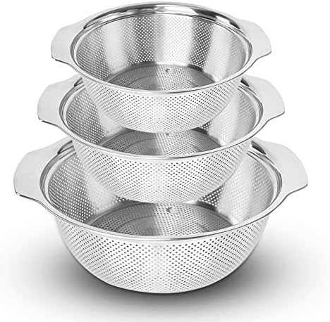 POJORY 3 Piece 304 Stainless Steel 2-2.7-3.2 Quart Colander Set with Handle, Micro-Perforated Strainers and Colanders, Great for Pasta, Noodles, Vegetables and Fruits, BPA Free