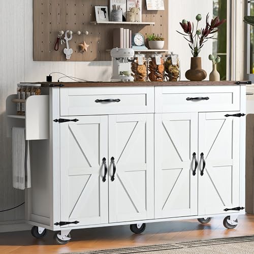 Farmhouse Rolling Kitchen Island with Power Outlet, Drop Leaf Breakfast Bar, Wooden Mobile Storage Island Cart on Wheels with Drawers, Spice Rack for Kitchen Dining Room (Retro White)