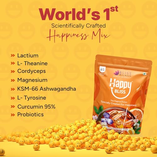 Image of Bliss Welness Happy Bliss : Happiness, Anxiety & Stress Relief Supplement | Natural Support for Calm, Mood, Anti Nervousness & Happy Hormones | Supports Balance of Cortisol, Dopamine, Endorphin, Serotonin & Oxytocin | Magnesium, KSM 66 Ashwagandha : 10 Servings