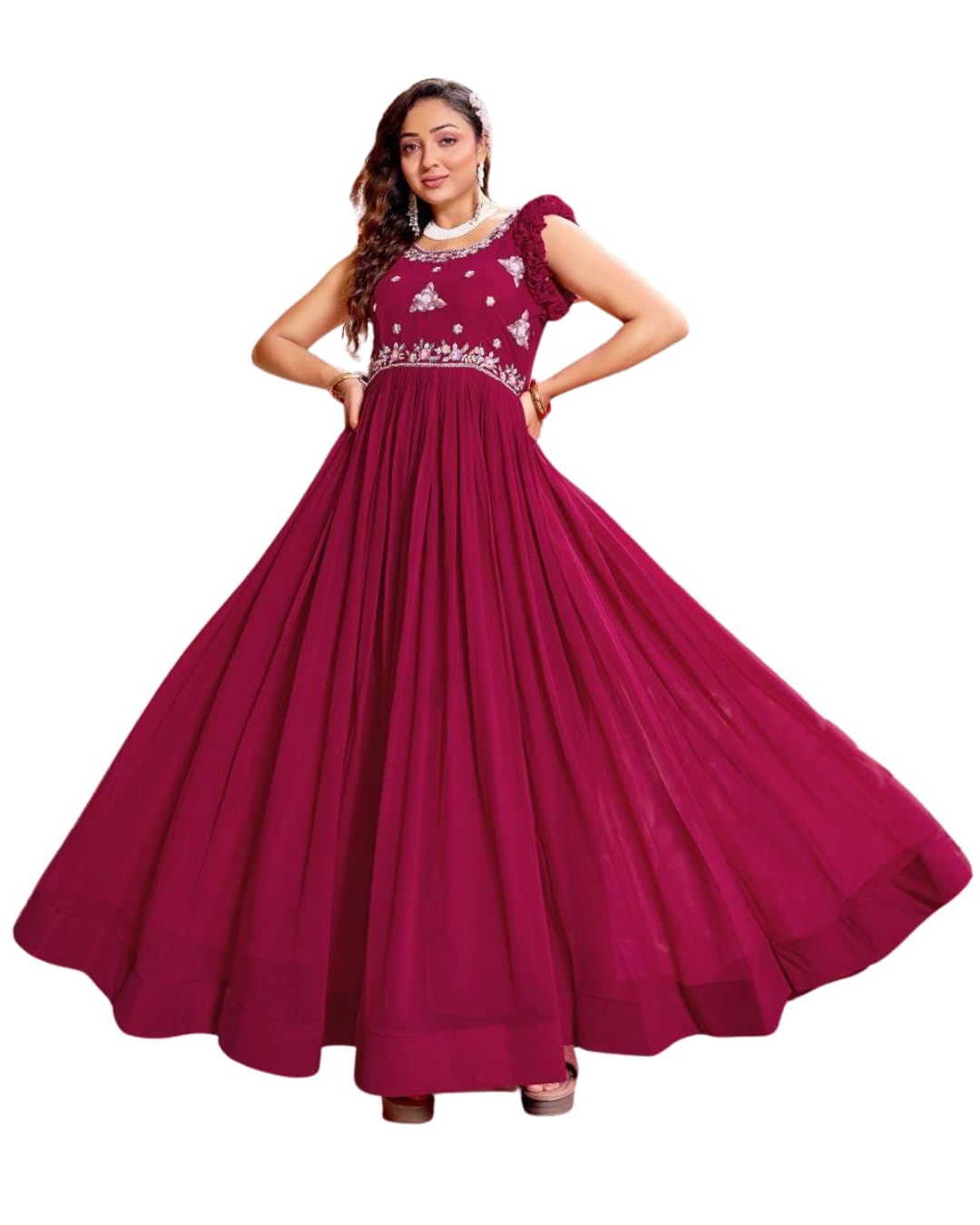 Evan Enterprise Women Faux Blooming with Rich Zari-Sequins & Bits Embroidery Work Frill Sleeves Fancy Round Neck Gown for Women-picture-38