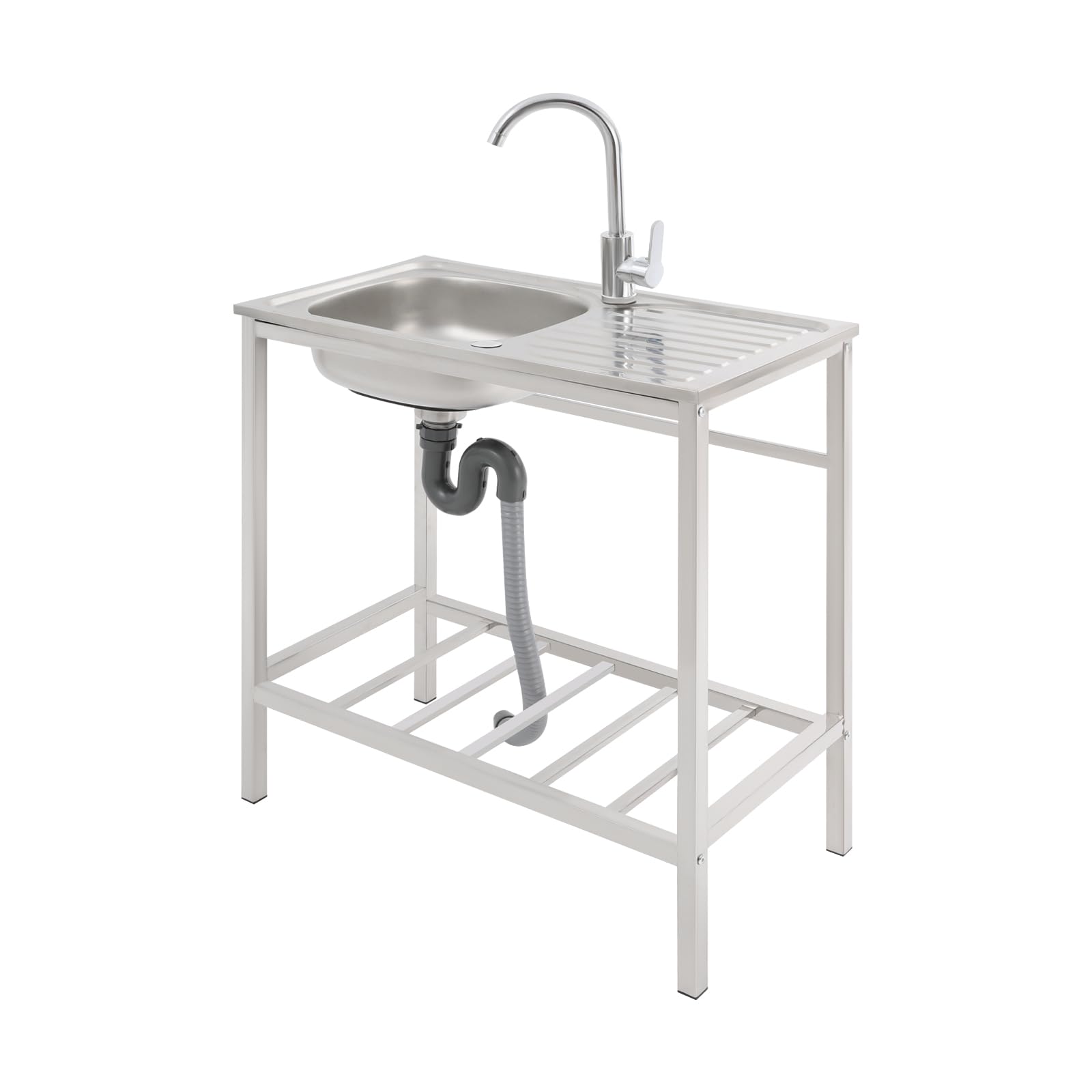 banborba Stainless Steel Sink, Indoor/Outdoor Utility Sink, Free Standing Single Bowl with Hot and Cold Faucet, Storage Shelf for Restaurant, Garage, Garden