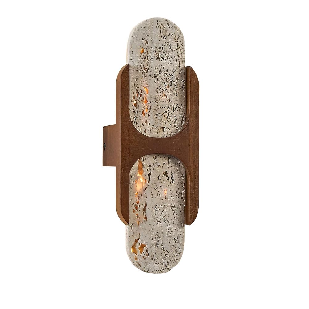 HUAYUSEDF Top and Bottom Lighting Fixtures, Modern Industrial Style Yellow Travertine Wall Sconce, 13in Natural Stone Lamp, Paired with Wood Base, Bedside Staircase Decorative Light