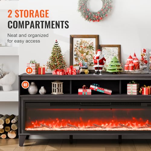 Image of VEVOR 80 inch Fireplace TV Stand, Media Storage Corner with 60 inch Fireplace, Storage Drawers & Cabinets, Industrial Style TV Console Table with 20 Flames, Remote Control & Timer for Living Room, Black
