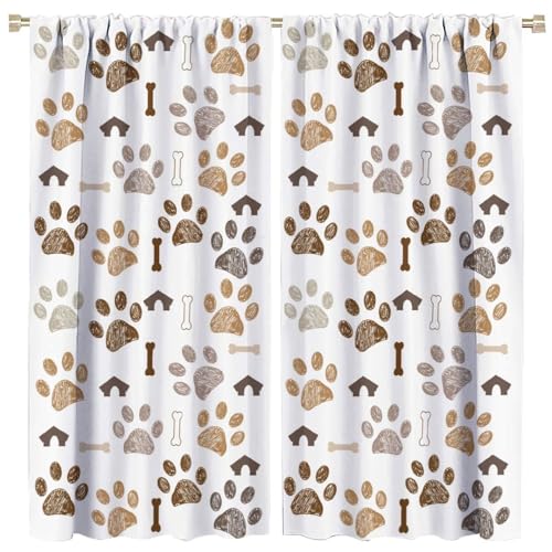 Paw Curtains, Funny Cute Graffiti Brown Animal Dog Footprint Bone Kennel Pattern Drapes for Kid, Thermal Insulation Blackout Rod Pocket Window Treatments for Living Room Bedroom Bathroom 42x54in