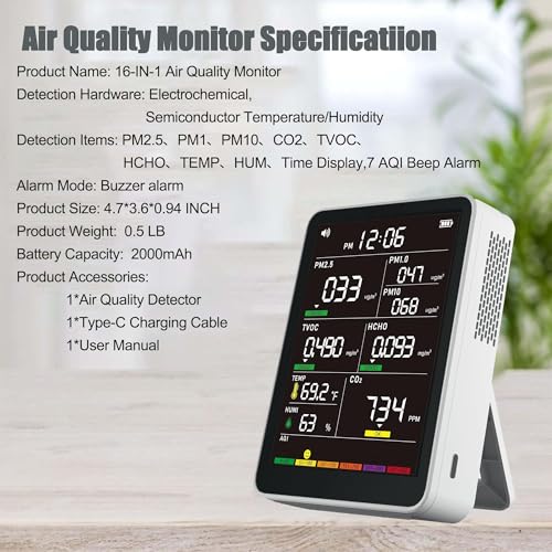 Image of 16-in-1 Indoor Air Quality Monitor, High-Precision Multi-Parameter Smart Air Quality Tester with HD Real-Time Color Screen, Portable Air Quality Monitor for Home, Office, Cars, School, Bedroom