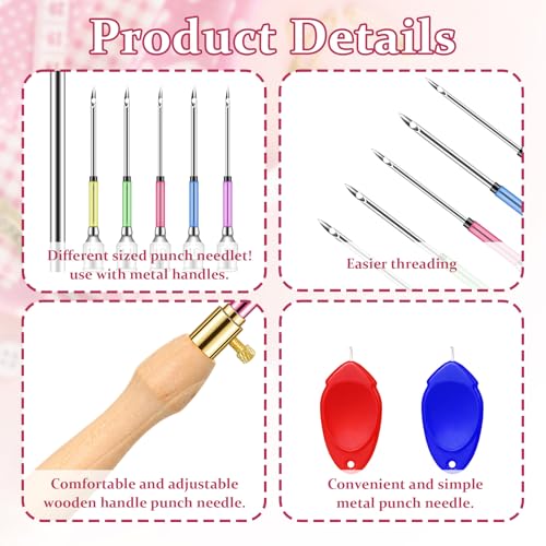 Image of 10 PCS Adjustable Punch Needle Tool, 7 Size Punch Needle Kit with Wooden Handles, Easy Stitch Embroidery Needle Set Kit for Adult Beginners DIY Craft