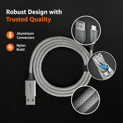 Image of amazon basics Nylon Braided USB to Lightning Fast Charging and Data Sync Cable Compatible for iPhone 14,13, 12,11,X, 8, 7, 6, 5, iPad Air, Pro, Mini (3 FT Pack of 1, Grey)