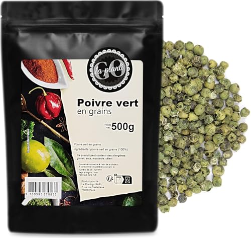 Poivre vert en grains 500 g - LA PLANTIGO Un choix savoureux, Piment vert entier, 100% poivre vert naturel, sans additifs, vegan, Baies vertes de poivre