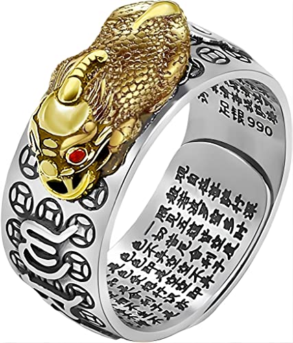JAJAFOOK Sterling Silver Feng Shui Pixiu Mantra Ring Buddhist Good Luck Amulet Lucky Fortune Opening Adjustable Ring