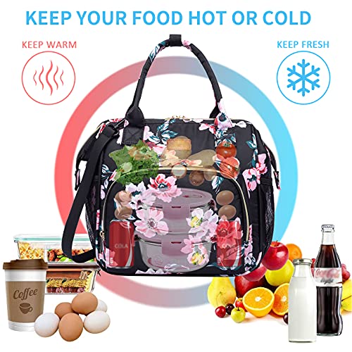 Image of MCBD Women's Lunch Tote, 3 Carrying Way Insulated Lunch Box, Leakproof Reusable Cooler Backpack with Adjustable Shoulder Strap, Black Flower
