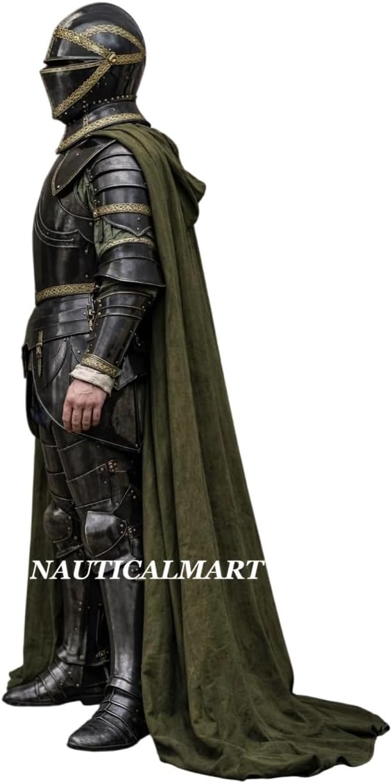 NauticalMart Medieval Knight Full Body Armor- Suit Of Armour With Helmet & Clock Black Finish For Historical Reenactments, LARP, Renaissance fairs