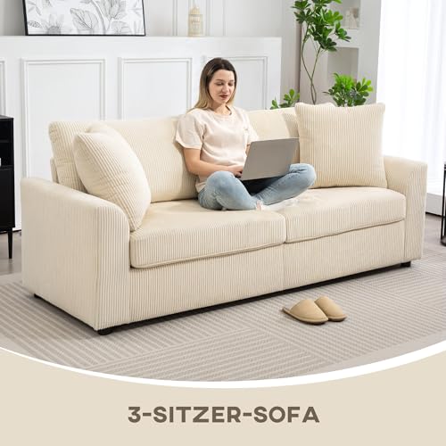 HOMCOM 3-Sitzer-Sofa, Couch mit Armlehnen, Zierkissen, Polstersofa mit Cordbezug, dick gepolstert, Loungesofa, bis 450 kg belastbar, für Wohnzimmer, Schlafzimmer, 212 x 80 x 88 cm, Cremeweiß – Bild 5