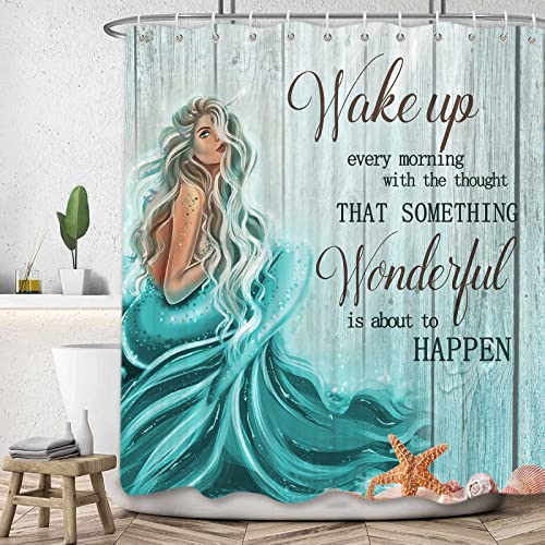 Teal Mermaid Shower Curtain, Mermaid Tail Quote Inspirational Fabric Shower Curtains Set for Little Girls Women Bathroom, Nautical Ocean Theme Restroom Decor Accessories with Hooks 60X72inches
