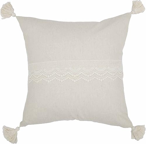 Miniatura 2 de Funda de almohada de lino y encaje, 20 x 20 pulgadas, acento crema natural con ribete de encaje de ganchillo y borlas, granja vintage, bohemio