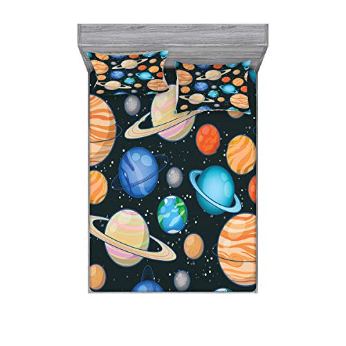 Ambesonne Galaxy Fitted Sheet & Pillow Sham Set, Galaxy Space Art Solar System Planets Mars Mercury Uranus Jupiter Venus Kids Print, Decorative Printed 3 Piece Bedding Decor Set, Full, Salmon