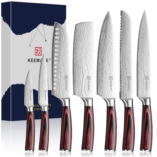 Image of KEEMAKE 7 Pieces Kitchen Knife Set, Professional Ultra Sharp Chef Knife Set | Japanese High Carbon Stainless Steel with Pakkawood Handle, Kitchen Gadgets, Unique Gifts for Women Men