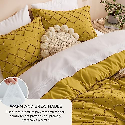 Image of Bedsure King Comforter Set - Mustard Yellow Comforter, Boho Tufted Distressed Vintage Bedding for Kids, 3 Pieces Farmhouse-Style Bed Set for All Seasons, Fluffy Soft Bedding with 2 Pillow Shams
