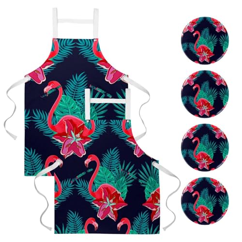 Tablier pour cuisine et pâtisserie à motif hibiscus vert et rose