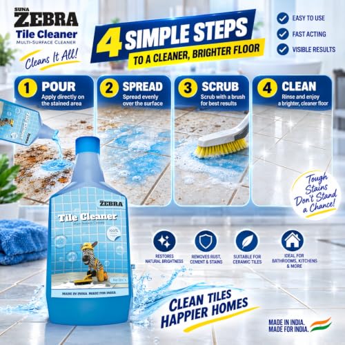 Image of SUNA ZEBRA Tiles Cleaner | Heavy-Duty Stain Remover for Tiles & Floors | Removes Cement, Grout Haze, Hard Water & Tough Stains | Fast-Action Cleaning Agent (1 Litre) (Pack of 2)