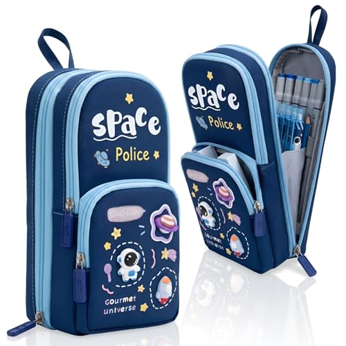 Image of WireScorts Space Police Multifunctional Pencil Pouch | Large Capacity 3 Zipper Pencil Case with Multiple Compartments | Stationery Organizer for School Kids | Durable Fabric, Cute Space Police Design