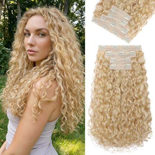 REECHO Curly Hair Extensions - 4PCS 18" GoGo Curly Clip 100% Super Protein Hairpieces with Invisible Lace Weft Silky Soft Natural Look for Women - Butter Blonde