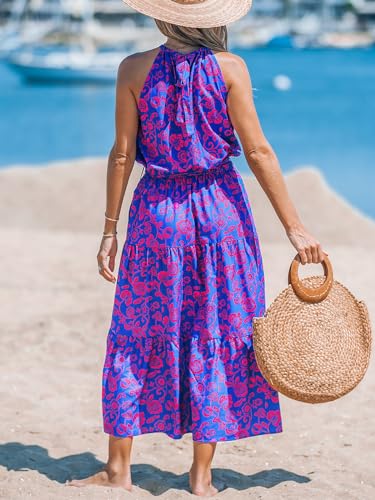 Image of CUPSHE Women's Midi Dress Halter Floral Sleeveless Belted Ruffled A Line Casual Summer Dress