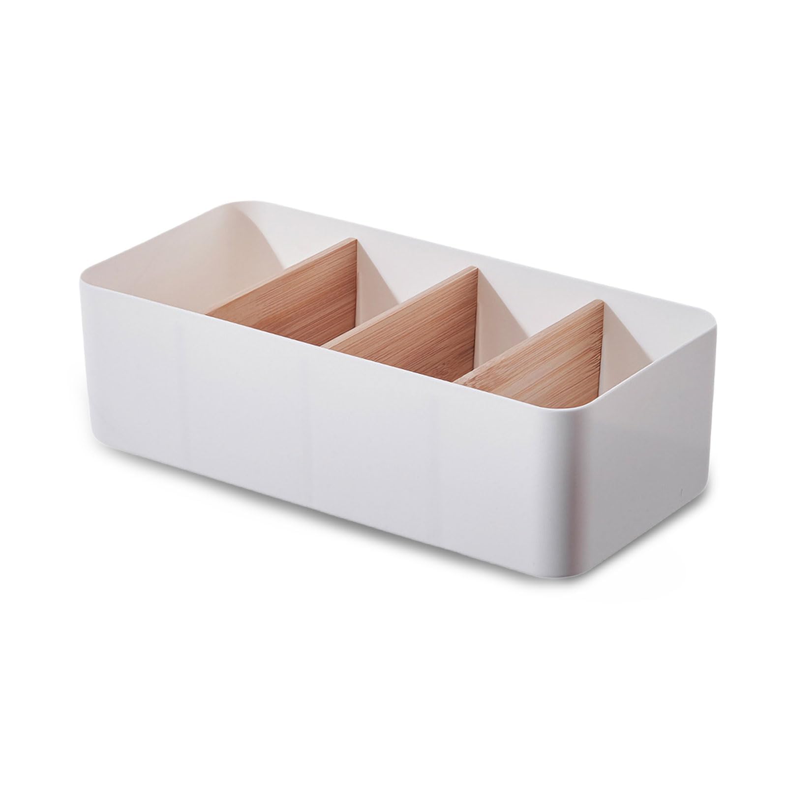 Lempefe Desk Organiser, 4/8 Compartments, Bamboo Office Organiser with Pen Holder, Multifunctional Removable Office Organiser, Desktop Remote Control Holder for Pens, Cosmetics (White, 4 Compartments)