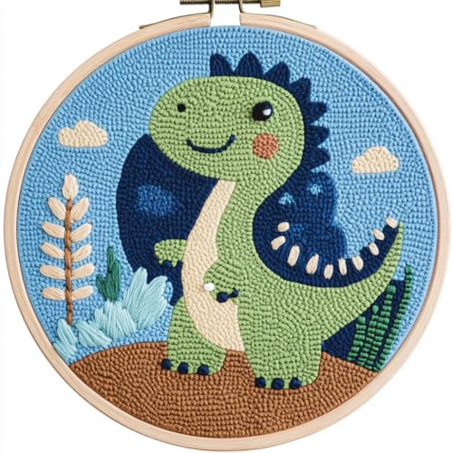 Image of DIY Punch Needle Kits Green Dinosaur with Hoop 20x20cm-2 | with Pattern Stamped Easy for Beginners Embroidery Punch Needle Starter Craft Set for Adults Festival Gift and Decoration