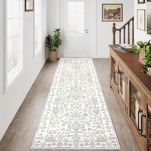 Floral Runner Rug 2x8 Hallway Washable Taupe Kitchen Carpet Non Slip Boho Thin Farmhouse Throw Accent Long Rug for Laundry Bathroom Office Bedroom