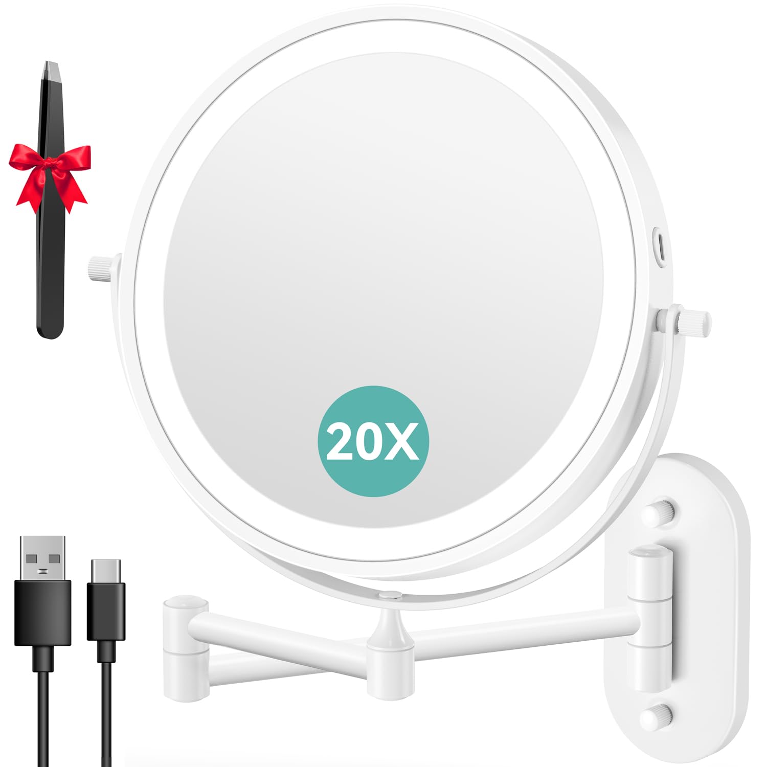 Auxmir Kosmetikspiegel mit Beleuchtung, 1X/20X Wiederaufladbar Schminkspiegel, 3200mAh Rasierspiegel Wandmontage, Dimmbar Vergrößerungsspiegel mit 3 Lichtfarben, 360° Drehbar für Badezimmer und Hotel