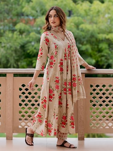 Image of Arayna Women's Pure Cotton Floral Printed Kurta Pant Dupatta Set | Elegant Ethnic Suit Set with Soft Floral Motifs | Straight Fit 3-Piece Set for Women