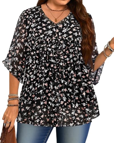 Siddhe Plus Size Tops V Neck Bell Sleeve Chiffon Breathable Elegant Babydoll Loose Fit with Floral Print Goth Oversized Fit Perfect for Weddings and Parties Suitable for Mom Black Pink Flower 3XL