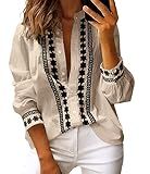 Theenkoln Womens Work Button Blouses: Long Sleeve V Neck Lace Casual Button Down Fall Trendy Shirts Apricot Large