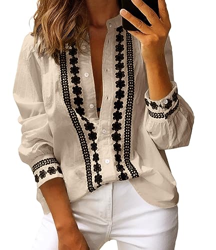 Theenkoln Womens Work Button Blouses: Long Sleeve V Neck Lace Casual Button Down Fall Trendy Shirts