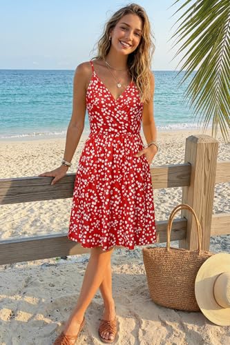 Image of STYLEWORD Womens Sundress Summer Floral Wrap V Neck Backless A-Line Casual Beach Midi Dress