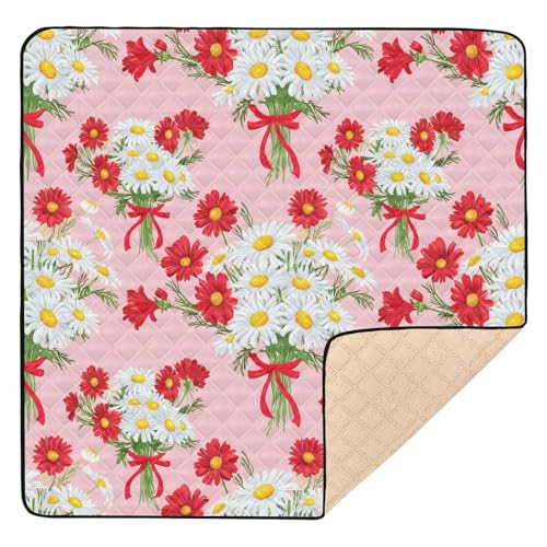 BOESI Doodle Daisy Bouquet Baby Play Mat, 50“ X 50” Washable Folding Crawling Mat, Baby Floor Mat, Soft, Thick, Non-Slip