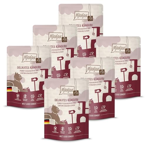 MjAMjAM - Premium Nassfutter für Katzen - Quetschie - purer Fleischgenuss - delikates Känguru pur, 6er Pack (6 x 300 g), getreidefrei mit extra viel Fleisch