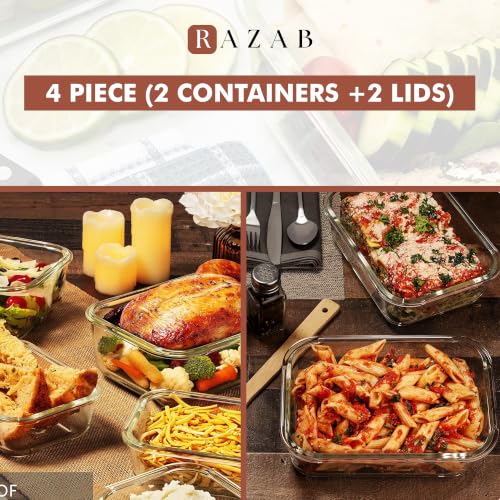 Image of Razab 6.5 Cups / 52 Oz 4 Piece (2 Containers + 2 Lids) Glass Food Storage Containers Set with Airtight Locking Lids - For Storing, Baking & Serving BPA Free, Leakproof - Microwave, Freezer & Oven Safe
