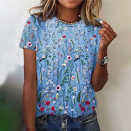 Skdogdt Summer Short Sleeve Tops For Women Trendy Casual Floral Graphic Shirts Blouses Plus Size Crew Neck Boho Henley Tees #TOP1