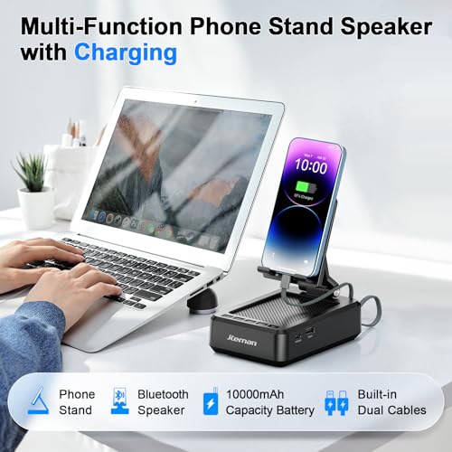 Jteman Cell Phone Stand Bluetooth Speaker with Built-in Cables,Foldable Adjustable Holder,All-in-One Audio Stand for iPhone Android,Birthday Gifts for Men Women