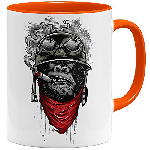 OM3® - Gorilla-of-Duty - Kaffee-Tasse - Keramik Becher - 11oz 325ml - Beidseitig Bedruckt - Orange
