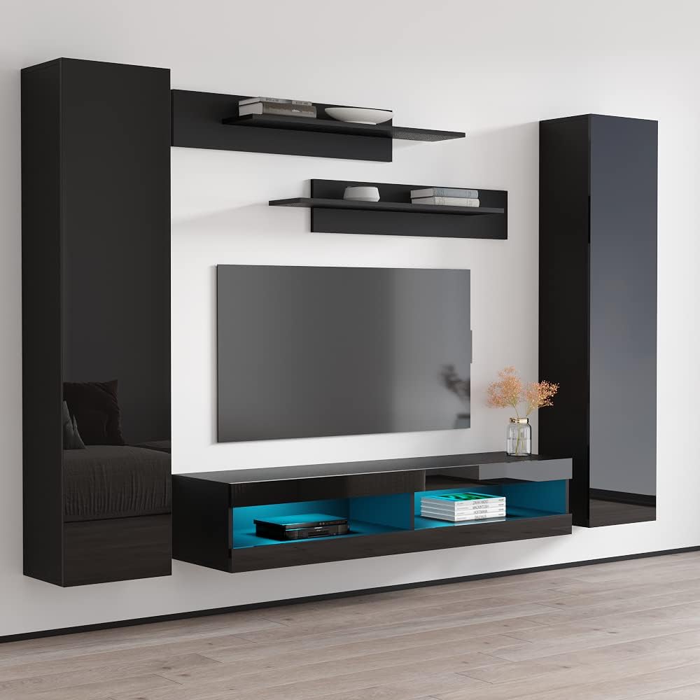Meble Furniture Fly A4 34TV Stand Wall-Mounted Entertainment Center Console — Floating Design with Storage Shelves and LED Lights, 67.5 x 15.7 x 20.1 inches — Black