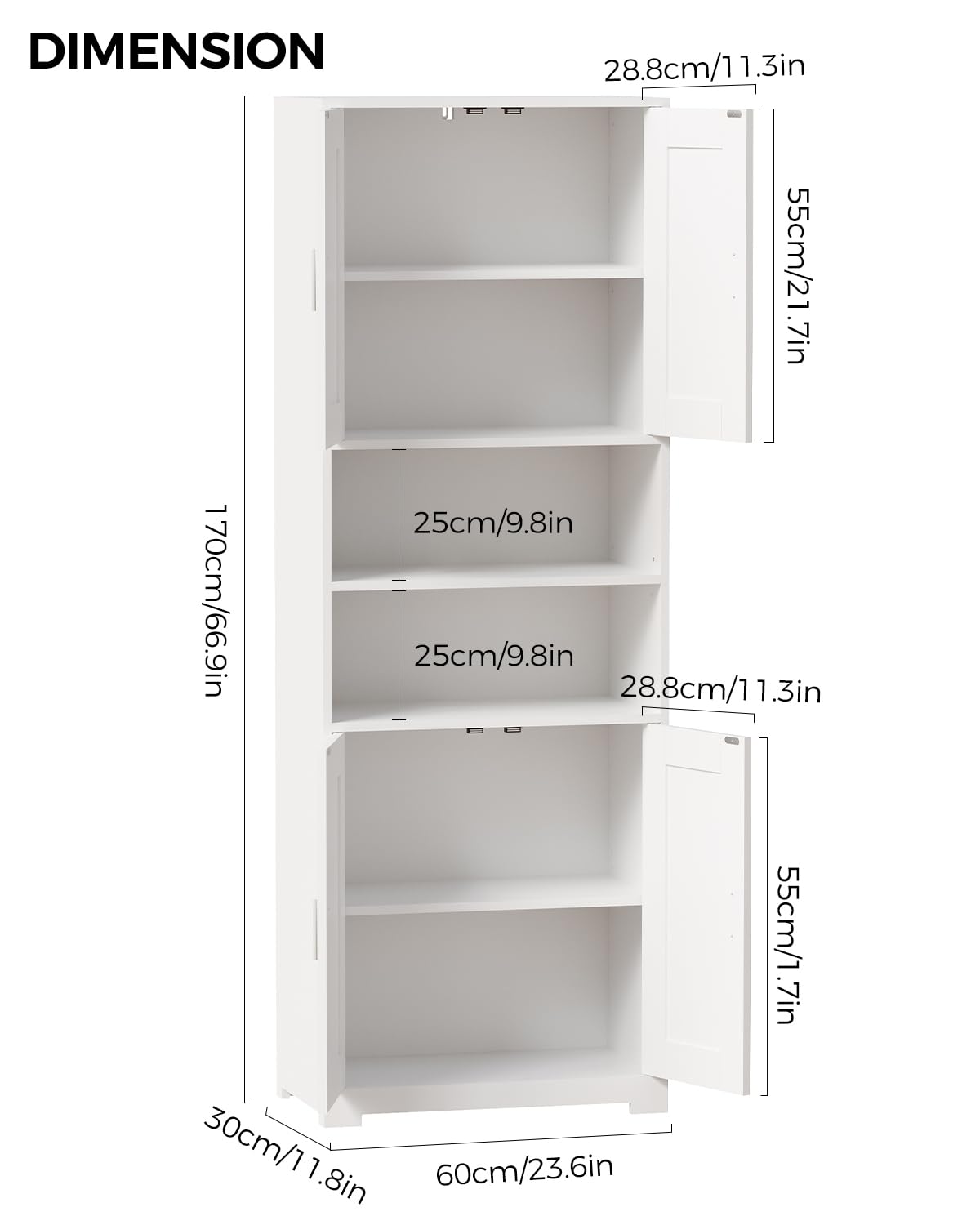 BEWISHOME Badezimmerschrank Hoch, Bad hochschrank, Badschrank Hochschrank mit 4 Türen und Verstellbare Ablagen, für Badezimmer/Wohnzimmer/Küche, Weiß, 30 * 60 * 170cm EYYG09W