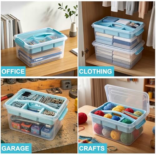 Image of Yesland Stack & Carry Box with Removable Tray, 16 x 11 x 6.5 Inch Plastic Art Supply Storage Organizer Craft Storage Containers with Handle, Portable Organizer Bin for Stationery Sewing Jewelry, Blue