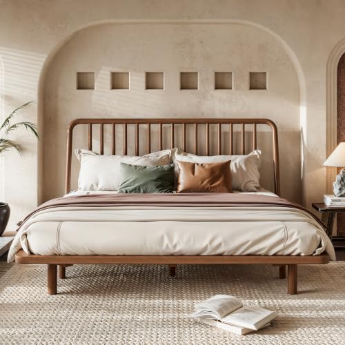 Image of Bellemave Queen Size Bamboo Bed Frame with Slatted Slanted Headboard,Brown