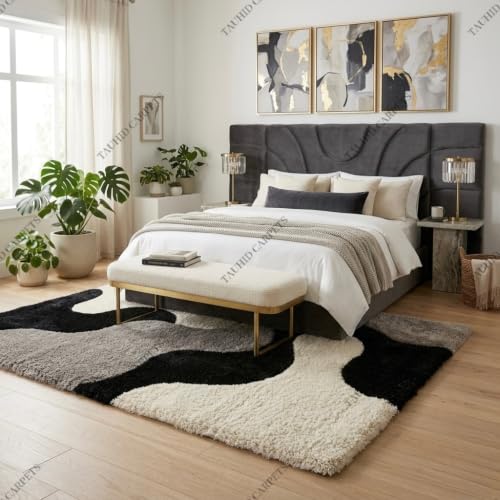 Image of Tauhid Carpet Super Soft Microfiber Shaggy Area Rug Modern Abstract Grey Black & White Plush Carpet | Fluffy Floor Rug for Living Room, Bedroom 2x5 Feet Runner.