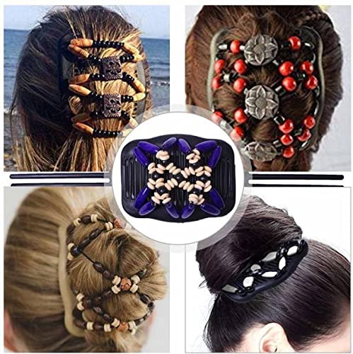 Magic Hair Combs, Vintage Stretch Beaded Hair Combs Elastic Pearls Hair Clips (Pack of 4) WOODEN PACK-picture-20
