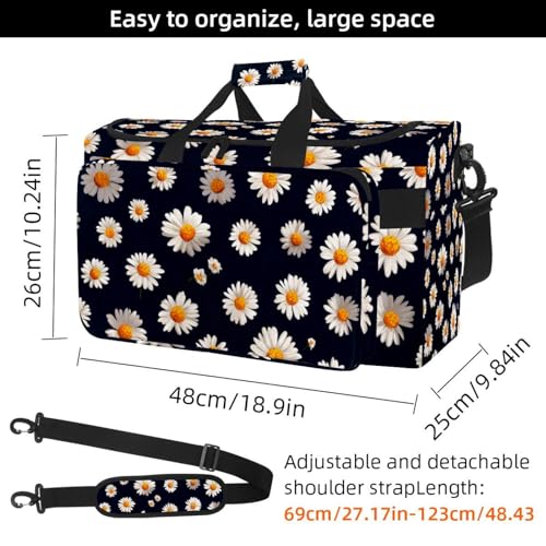 Travel Duffel Bags for Men and Women, Waterproof Weekender Overnight Gym Bags, Daisies4