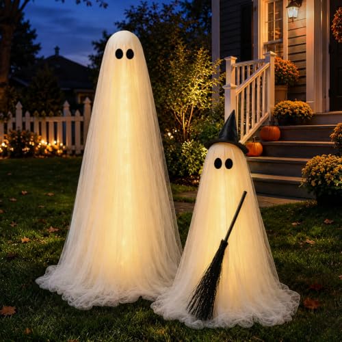 Halloween Decorations Outdoor, 2 Packs Light-Up Spooky Ghost Witch Broom - image 2
